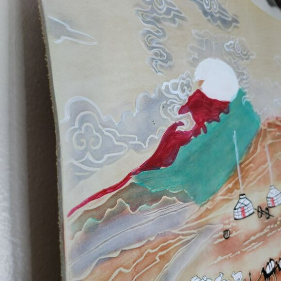 Hand Painted Leather Wall Art Horses Mongolian Landscape Wood Western Carved - Picture 9 of 16